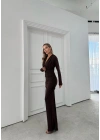 SANDY V YAKA DRAPELİ UZUN KALEM ELBİSE KAHVE