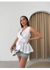 SIFIR KOL BEL KUŞAK BAGLAMA DETAY GÖMLEK BEYAZ