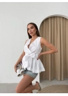 SIFIR KOL BEL KUŞAK BAGLAMA DETAY GÖMLEK BEYAZ