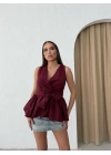SIFIR KOL BEL KUŞAK BAGLAMA DETAY GÖMLEK BORDO