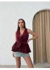 SIFIR KOL BEL KUŞAK BAGLAMA DETAY GÖMLEK BORDO