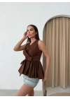 SIFIR KOL BEL KUŞAK BAGLAMA DETAY GÖMLEK KAHVE