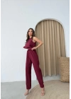 SIFIR KOL BLUZ VE PANTOLONLU AYROBİN İKİLİ TAKIM BORDO