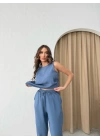 SIFIR KOL BLUZ VE PANTOLONLU İKİLİ TAKIM MAVİ