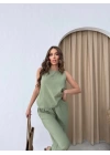 SIFIR KOL BLUZ VE PANTOLONLU İKİLİ TAKIM YEŞİL