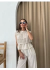 SIFIR KOL DİKİŞ DETAY BLUZ VE PANTOLONLU KETEN İKİLİ TAKIM KREM