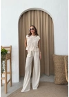 SIFIR KOL DİKİŞ DETAY BLUZ VE PANTOLONLU KETEN İKİLİ TAKIM KREM