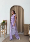 SIFIR KOL DİKİŞ DETAY BLUZ VE PANTOLONLU KETEN İKİLİ TAKIM LİLA