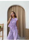 SIFIR KOL DİKİŞ DETAY BLUZ VE PANTOLONLU KETEN İKİLİ TAKIM LİLA