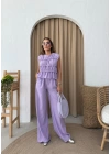 SIFIR KOL DİKİŞ DETAY BLUZ VE PANTOLONLU KETEN İKİLİ TAKIM LİLA