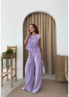 SIFIR KOL DİKİŞ DETAY BLUZ VE PANTOLONLU KETEN İKİLİ TAKIM LİLA