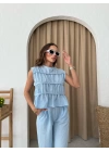 SIFIR KOL DİKİŞ DETAY BLUZ VE PANTOLONLU KETEN İKİLİ TAKIM MAVİ