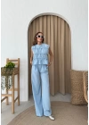 SIFIR KOL DİKİŞ DETAY BLUZ VE PANTOLONLU KETEN İKİLİ TAKIM MAVİ
