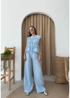 SIFIR KOL DİKİŞ DETAY BLUZ VE PANTOLONLU KETEN İKİLİ TAKIM MAVİ