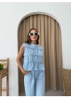 SIFIR KOL DİKİŞ DETAY BLUZ VE PANTOLONLU KETEN İKİLİ TAKIM MAVİ