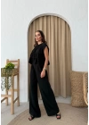 SIFIR KOL DİKİŞ DETAY BLUZ VE PANTOLONLU KETEN İKİLİ TAKIM SİYAH