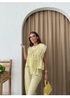 SIFIR KOL DİKİŞ DETAY BLUZ VE PANTOLONLU KETEN İKİLİ TAKIM SARI