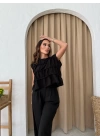 SIFIR KOL DİKİŞ DETAY BLUZ VE PANTOLONLU KETEN İKİLİ TAKIM SİYAH