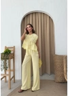 SIFIR KOL DİKİŞ DETAY BLUZ VE PANTOLONLU KETEN İKİLİ TAKIM SARI