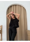 SIFIR KOL DİKİŞ DETAY BLUZ VE PANTOLONLU KETEN İKİLİ TAKIM SİYAH