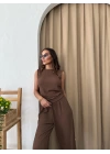 SIFIR KOL DRAPELİ BLUZ VE PANTOLONLU GOFRE İKİLİ TAKIM KAHVE