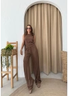 SIFIR KOL DRAPELİ BLUZ VE PANTOLONLU GOFRE İKİLİ TAKIM KAHVE