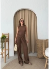 SIFIR KOL DRAPELİ BLUZ VE PANTOLONLU GOFRE İKİLİ TAKIM KAHVE