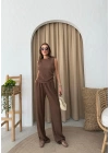 SIFIR KOL DRAPELİ BLUZ VE PANTOLONLU GOFRE İKİLİ TAKIM KAHVE