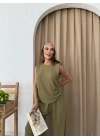 SIFIR KOL DRAPELİ BLUZ VE PANTOLONLU GOFRE İKİLİ TAKIM YEŞİL
