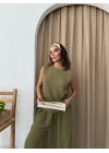 SIFIR KOL DRAPELİ BLUZ VE PANTOLONLU GOFRE İKİLİ TAKIM YEŞİL