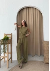 SIFIR KOL DRAPELİ BLUZ VE PANTOLONLU GOFRE İKİLİ TAKIM YEŞİL