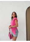 SIFIR KOL VATKALI YIRTMAÇLI SANDY BLUZ PEMBE