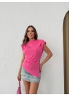SIFIR KOL VATKALI YIRTMAÇLI SANDY BLUZ PEMBE