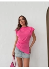 SIFIR KOL VATKALI YIRTMAÇLI SANDY BLUZ PEMBE