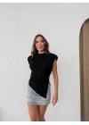 SIFIR KOL VATKALI YIRTMAÇLI SANDY BLUZ SİYAH