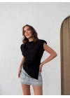 SIFIR KOL VATKALI YIRTMAÇLI SANDY BLUZ SİYAH