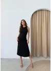 SIFIR KOL YIRTMAÇLI HAM TRİKO ELBİSE SİYAH