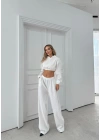 SİMLİ KAPÜŞONLU SWEAT VE PANTOLON İKİLİ TAKIM BEYAZ