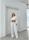 SİMLİ KAPÜŞONLU SWEAT VE PANTOLON İKİLİ TAKIM BEYAZ