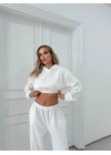 SİMLİ KAPÜŞONLU SWEAT VE PANTOLON İKİLİ TAKIM BEYAZ