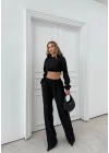 SİMLİ KAPÜŞONLU SWEAT VE PANTOLON İKİLİ TAKIM SİYAH