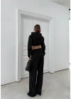 SİMLİ KAPÜŞONLU SWEAT VE PANTOLON İKİLİ TAKIM SİYAH