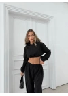 SİMLİ KAPÜŞONLU SWEAT VE PANTOLON İKİLİ TAKIM SİYAH
