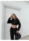 SİMLİ KAPÜŞONLU SWEAT VE PANTOLON İKİLİ TAKIM SİYAH