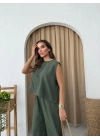 SIRT BAGLAMA DETAY BLUZ VE PANTOLONLU İKİLİ ÇİLEK TAKIM HAKİ