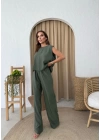 SIRT BAGLAMA DETAY BLUZ VE PANTOLONLU İKİLİ ÇİLEK TAKIM HAKİ