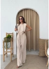 SIRT BAGLAMA DETAY BLUZ VE PANTOLONLU İKİLİ ÇİLEK TAKIM KREM