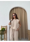 SIRT BAGLAMA DETAY BLUZ VE PANTOLONLU İKİLİ ÇİLEK TAKIM KREM