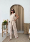 SIRT BAGLAMA DETAY BLUZ VE PANTOLONLU İKİLİ ÇİLEK TAKIM KREM