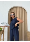 SIRT BAGLAMA DETAY BLUZ VE PANTOLONLU İKİLİ ÇİLEK TAKIM LACİVERT